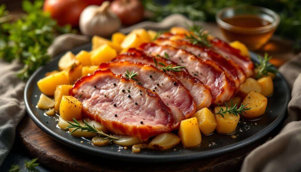 Knusprige Schicht-Magie aus dem Ofen: Schweinebauch, Speck und Kartoffeln wechseln sich ab.