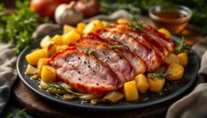 Knusprige Schicht-Magie aus dem Ofen: Schweinebauch, Speck und Kartoffeln wechseln sich ab.