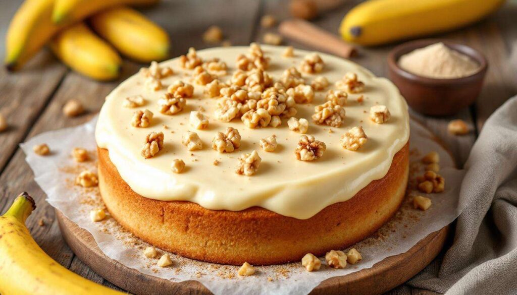 Rezept für saftigen Bananenkuchen mit Vanillepudding und Nüssen