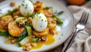 Rezept: Eier in Senfsoße mit Bratkartoffeln und Walnuss-Lauch