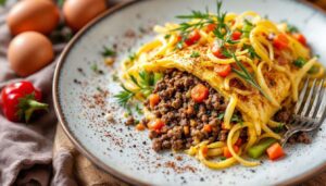 Rezept: Hackfleisch-Omelette mit Wintergemüse und Kartoffelstroh