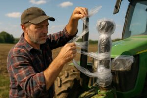 Landwirt schützt sensible Traktorteile mit Plastik-Streifen gegen Schmutz